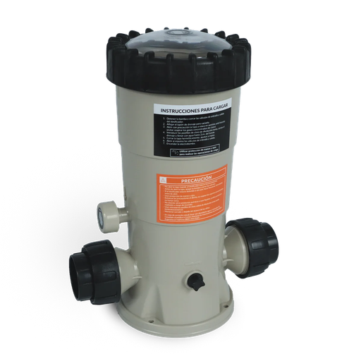 Dosificador de cloro para pastillas de 50 y 200 g, con una capacidad de carga total de 2,6 kg.